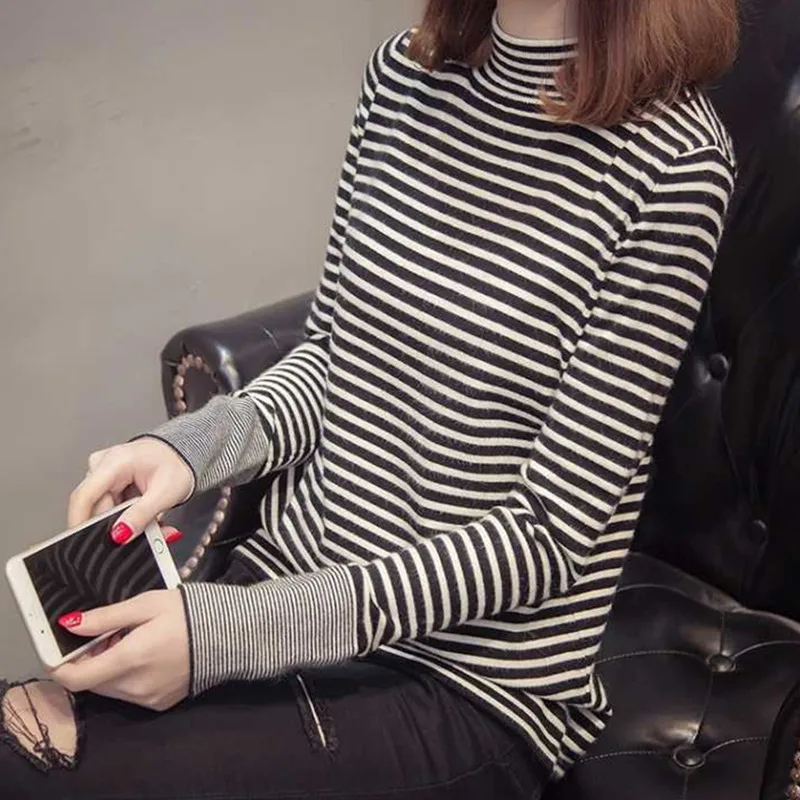 Hanyiren для женщин свитер с воротником в полоску осень свитеры для Мода 2018 вязаный пуловер черный полосатый негабаритных СВИТ
