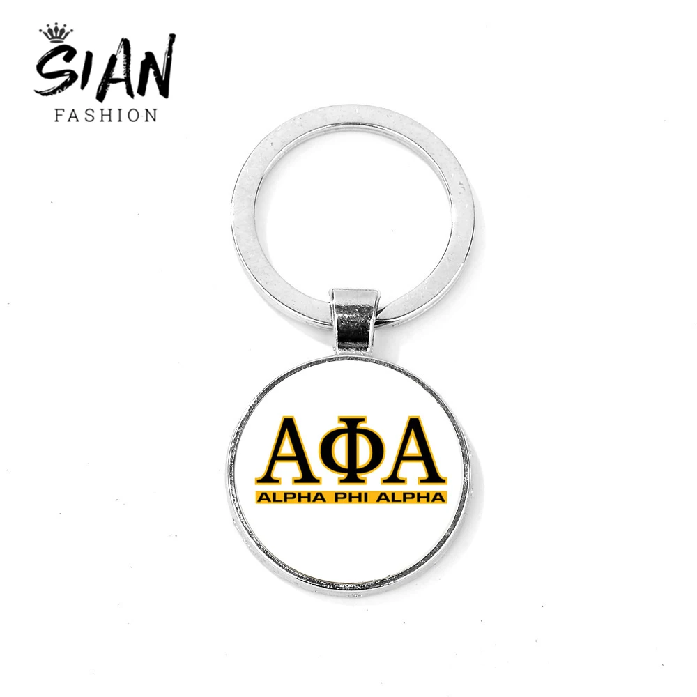 

SIAN Alpha Phi Alpha Fraternity Alloy Keychain Brotherhood Fraternal Association APA Greek Letters Glass Key Ring Chain for Men