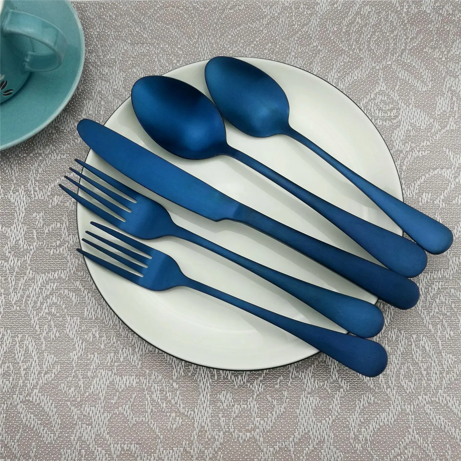 5Pcs/Lot Luxury Dinnerware Set Cutlery Stainless Steel Matte Blue Silverware Set Dining Knife