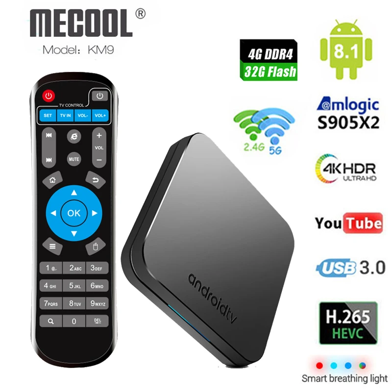

Mecool KM9 Android 9.0 Smart TV Box Amlogic S905X2 4GB DDR4 RAM 32GB ROM 5G 4K WIFI Bluetooth 4.1 H.265 GooglePlay set top box