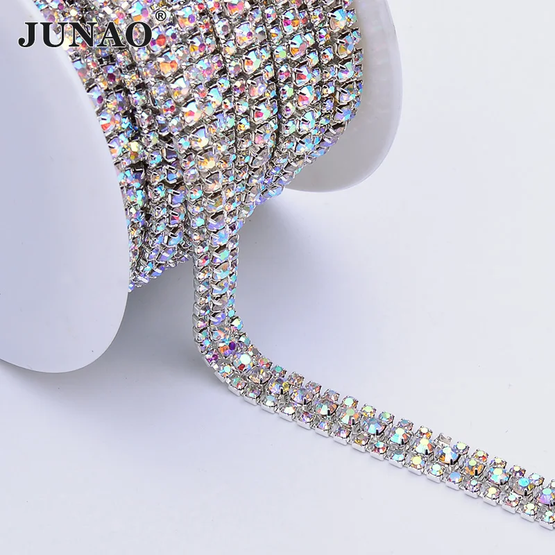 JUNAO 1 ярд 3 ряда SS8 + SS16 AB Хрустальная цепочка искусственное стекло вышивка на