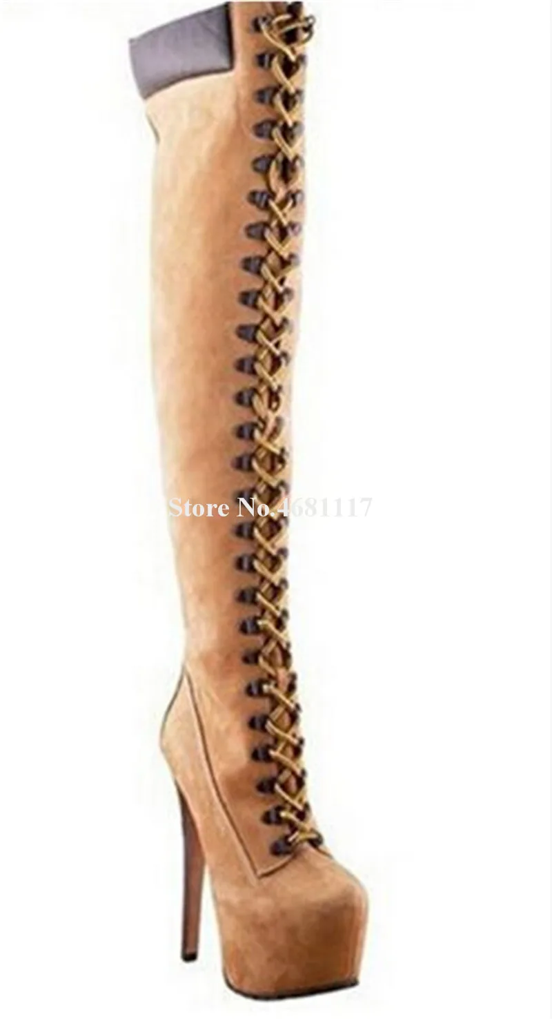 Женские брендовые Дизайнерские Сапоги выше колена с круглым носком на платформе и тонком каблуке, сапоги до бедра на шнуровке, высокие
