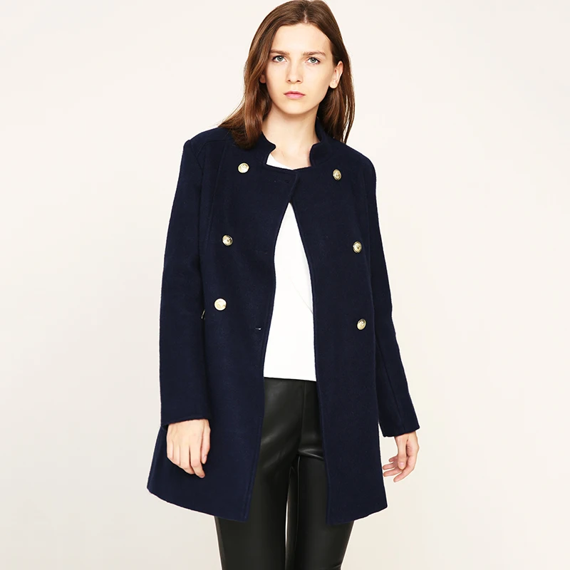 Женское зимнее пальто на пуговицах с большим меховым воротником|designer coat|navy