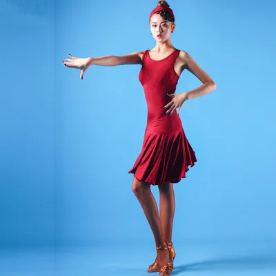 Для женщин Латинской платье для танцев без рукавов нерегулярные юбка Леди Бальные танго платья Cha одежда для сальсы для Для женщин Латинская практика Износ - Цвет: Wine red