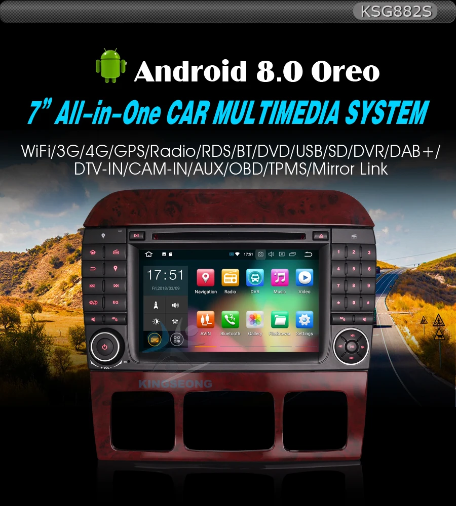 Perfect DAB+ Android 8.0 Autoradio GPS Sat Navi WiFi 3G Radio RDS OBD Bluetooth BT DVD USB SD DVR For Mercedes S/CL W220 W215 S500 CL600 0