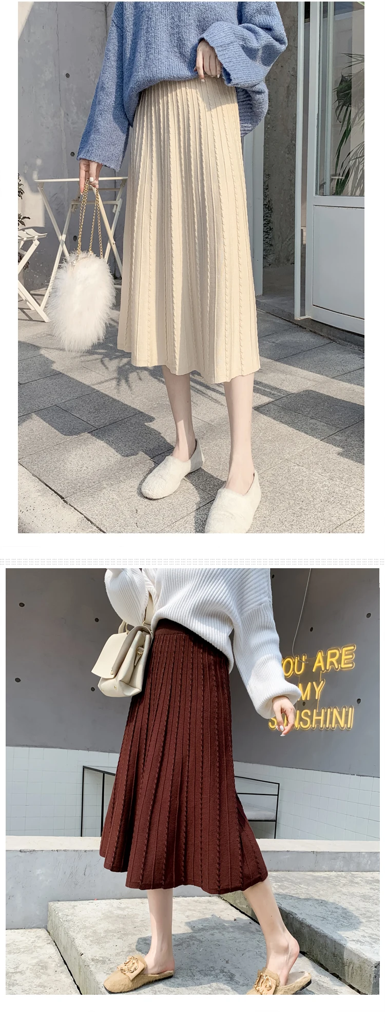 Beiyingni зимняя Корейская женская юбка черная с высокой талией трапециевидная плиссированная юбка тонкая однотонная трикотажная винтажная юбка миди Faldas
