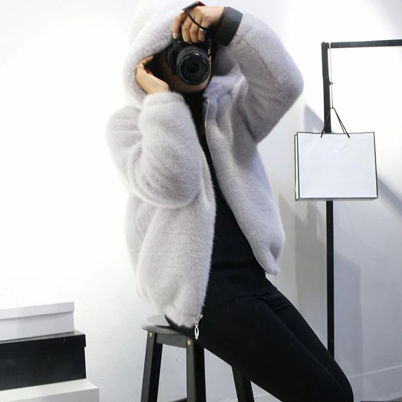 MCCKLE Women Faux Mink Hooded Coat Autumn Winter Long Sleeve Solid Fur Jacket Women Zipper Warm Faux Fur Outwear Dropshipping