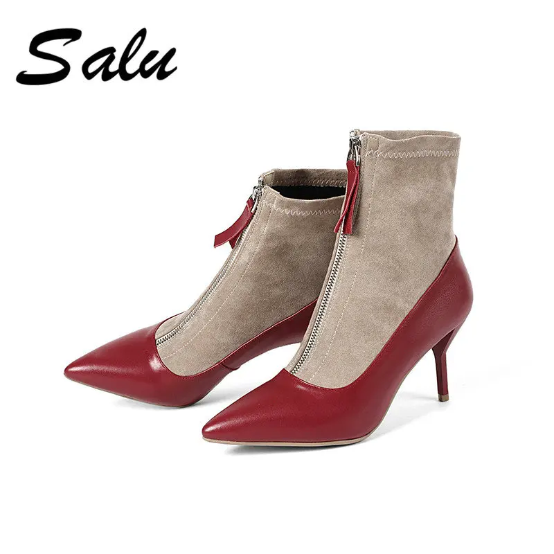 

Salu High Quality Ankle Boots Genuine Leather Soft Leather Women Boots Double Zip Short Plush Spring Autumn Boots New