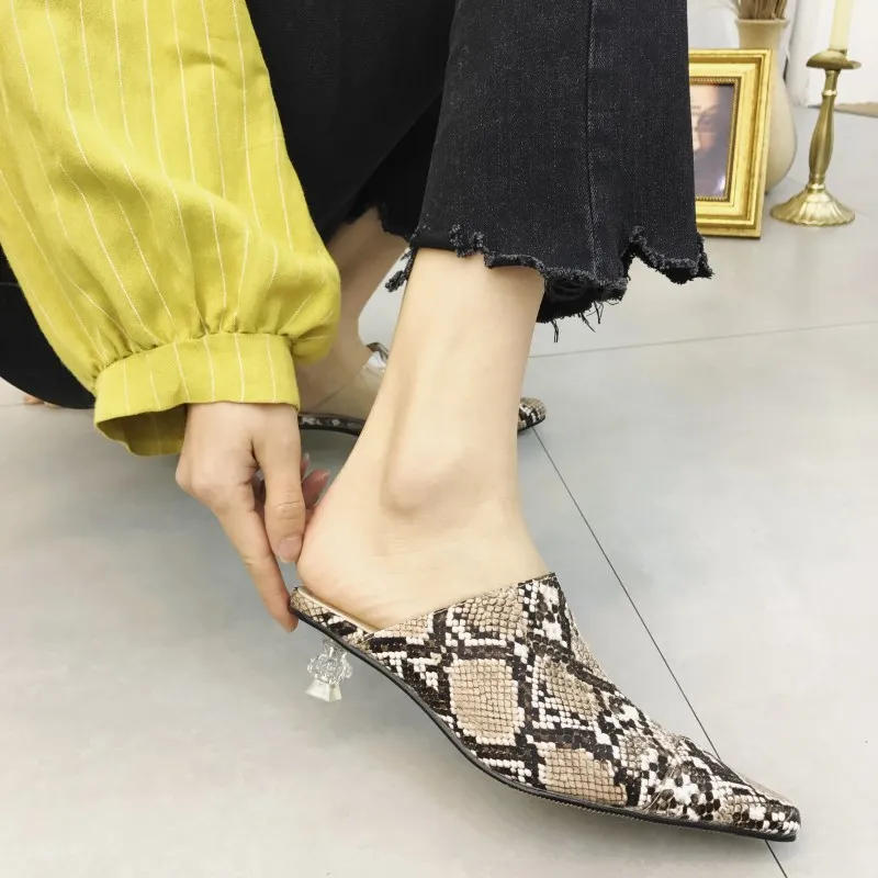 

European American transparent crystal slides femme footwear snake low heel slippers woman shoes loafer brand mule summer outwear