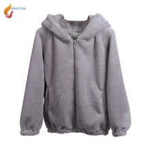 JQNZHNL Для женщин утепленная короткая куртка Модные Меховые Пальто новая зимняя с капюшоном с милыми заячьими ушками; Повседневное искусственная меховая шуба уличная одежда L301