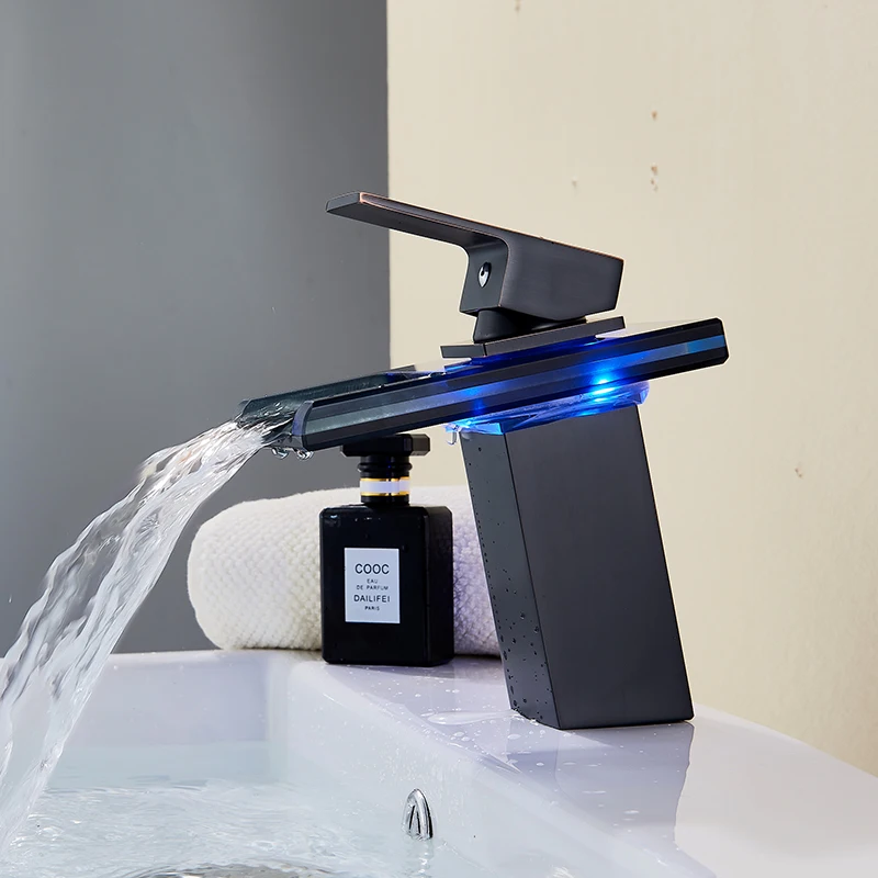 Стеклянный водопад светодиодный кран для раковины изменение цвета с температурой смеситель для раковины для ванной комнаты латунный кран для холодной и горячей стирки