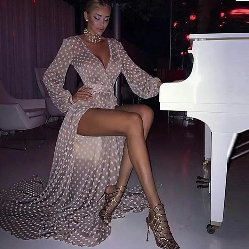 

through Europe and the United States the new summer dress hot style long-sleeved v-neck dress perspective wave point