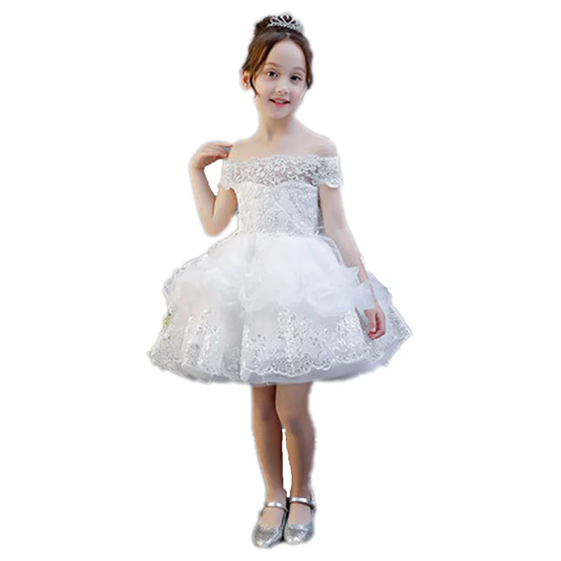 Для девочек белый день рождения Свадебная вечеринка платье принцессы Shouldless кружевное платье Аппликации костюм подростков платье E119