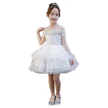 Для девочек белый день рождения Свадебная вечеринка платье принцессы Shouldless кружевное платье Аппликации костюм подростков платье E119