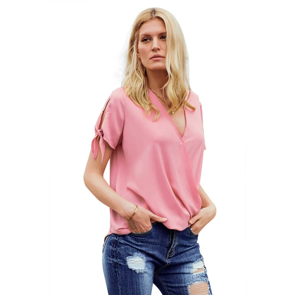 

Summer short-sleeved shirts Women's European and American new V-neck loose casual tops Solid color large size sets