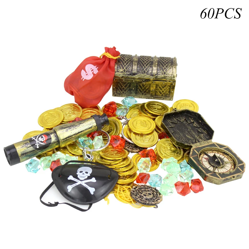 

Pretend Nautical Pirate Treasure Toy 60PCS Pretend Pirate Treasure Hunting Game Gold Coin Gem One-eyed Telescope Props Boy Toys