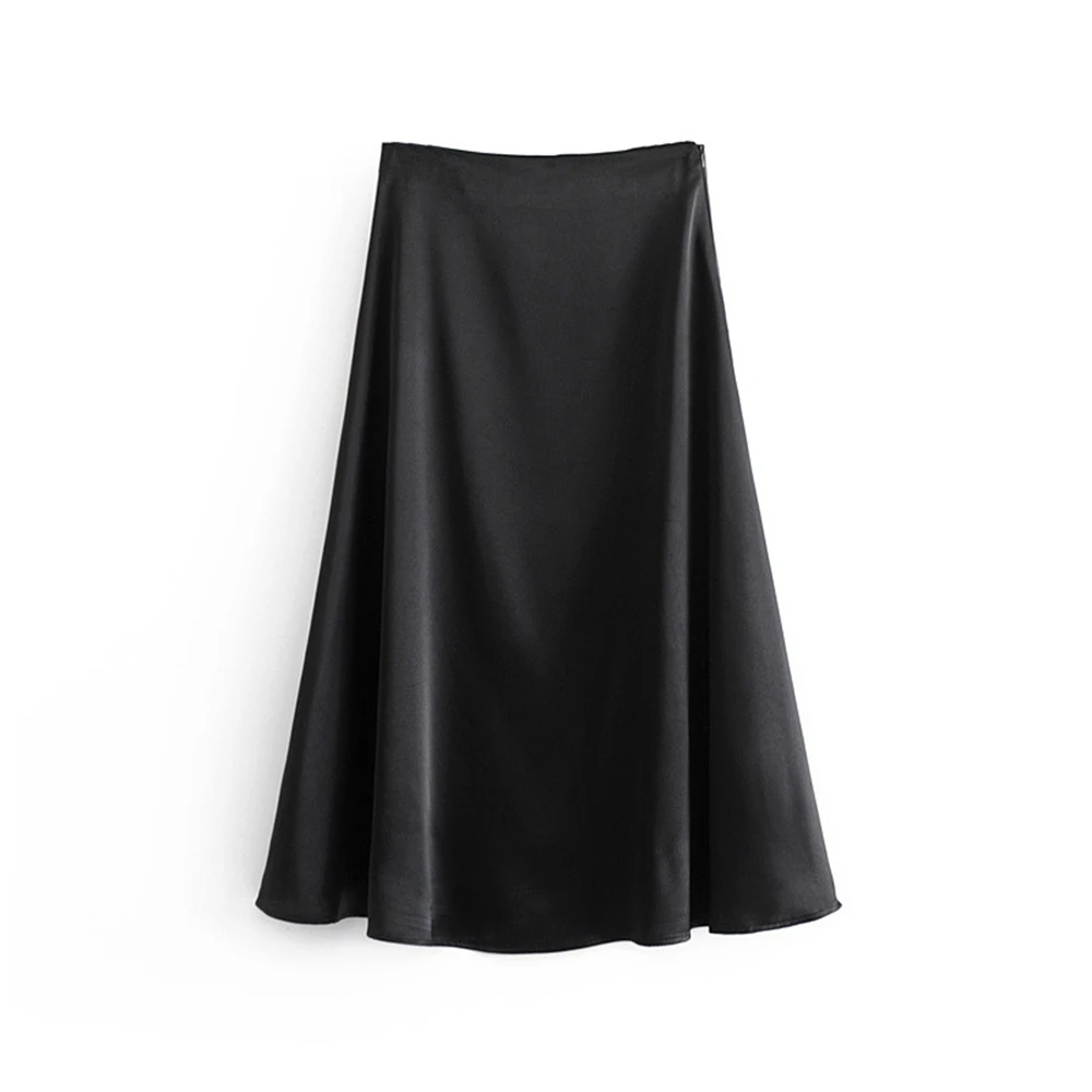 Women Solid Black Satin A Line Skirt Casual Lady Loose Long Skirts ...