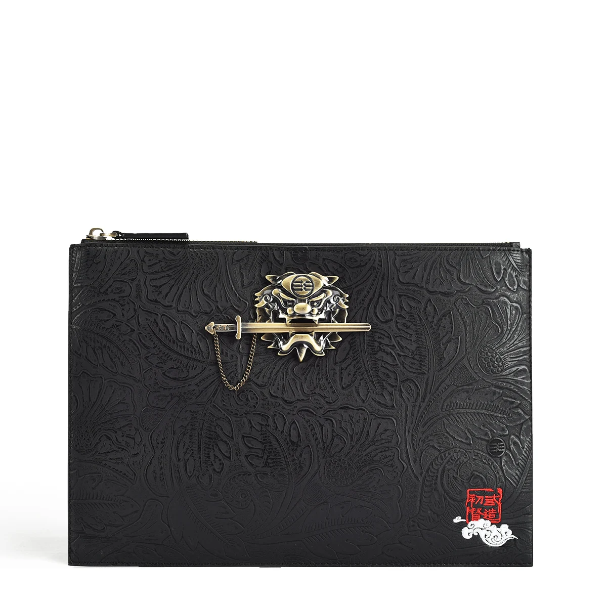 

Genuine Leather CHUSAN Sword Lion Minority Personality Black Vintage Men's Handbag