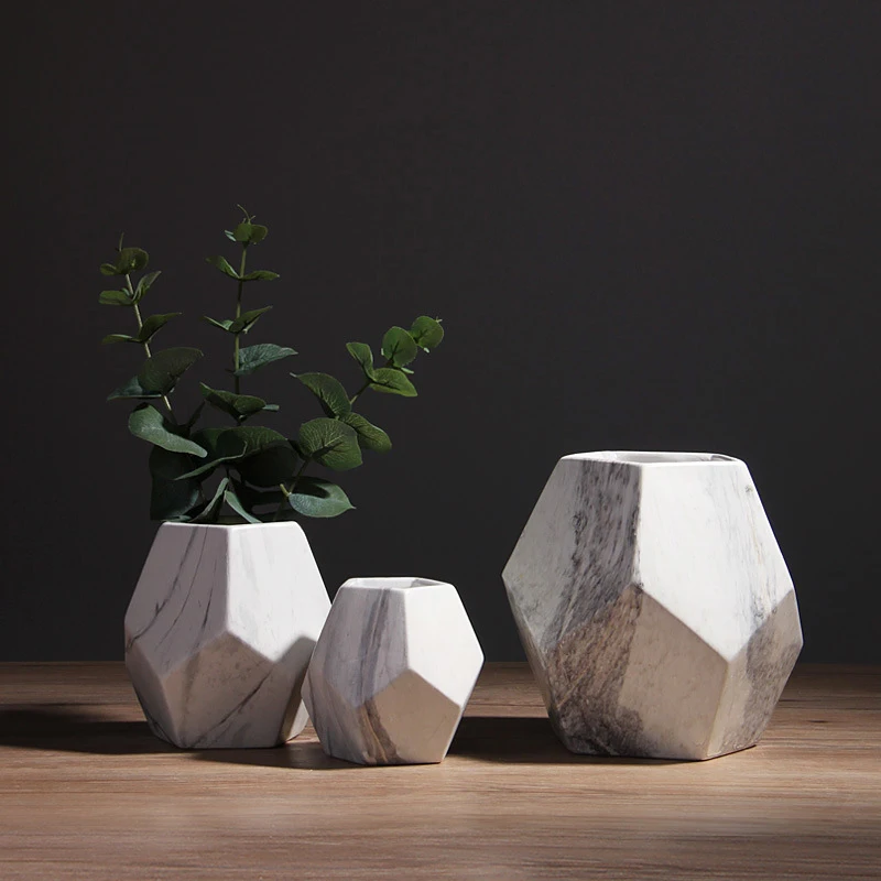 Beste 1 pc Moderne Witte Gemarmerd Vaas Geometrische Vormige Witte Keramische Bloemenvaas Desk Tafelblad Holder Home Office Decoratie, 10 13 17 cm
