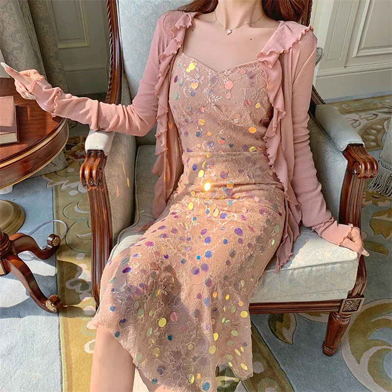 

New Fashion Women Spaghetti Strap Dresses Summer Autumn Sexy Sleeveless Sequins Dress Female Mesh Lace Tank Dress Vestidos R2022