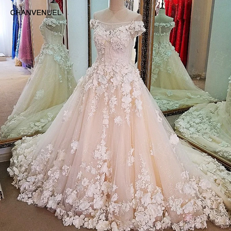 

LS74333 Elegant weedding Dress Bride Champagne Lace Flower Beading off shoulder Short Sleeve Luxury vestido de noiva Real Photo