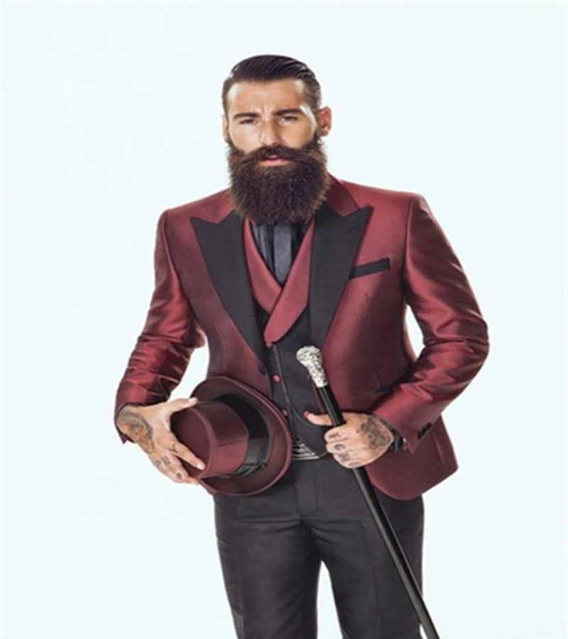 Последние конструкции пальто брюки бордовый атлас мужской костюм Slim Fit 3 предмета итальянский смокинг Пользовательские Blazer Жених выпускного вечера термокомплекты Masculino