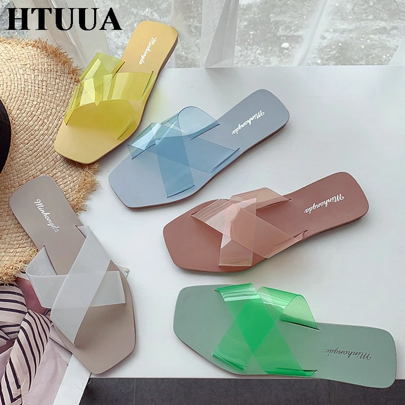 

HTUUA Candy Color Transparent PVC Women Slippers 2019 Summer Sandals Flat Heel Slides Casual Flip Flops Beach Shoes Woman SX2704