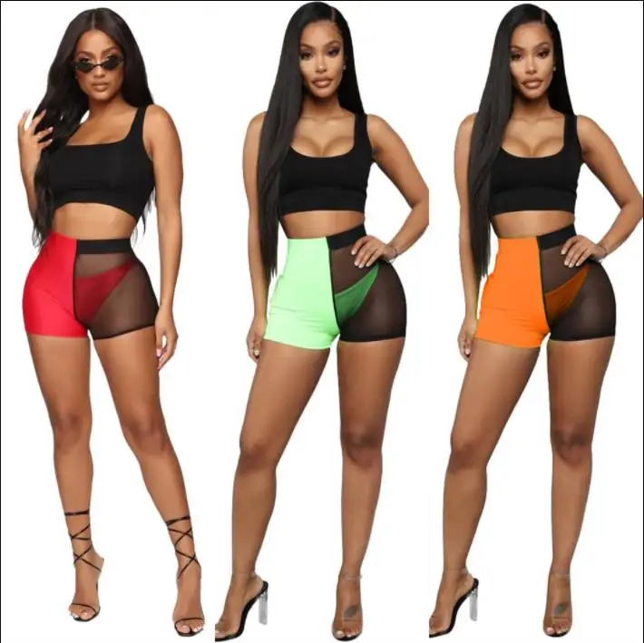

2019 New women summer short tank top & mesh patchwork shorts suit two piece set sporting tracksuit outfit 3 color LS6278