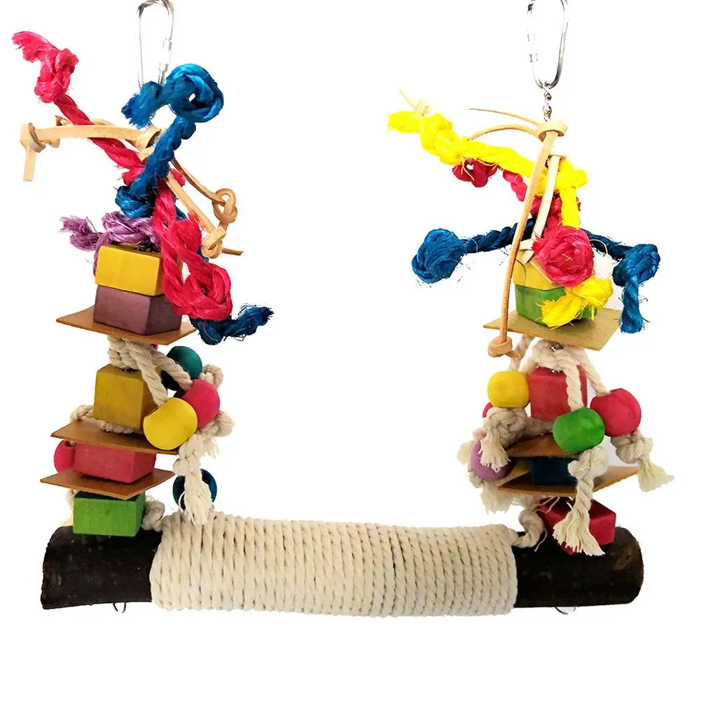 

Pet Bird Parrot Chew Toy Bird Perch Leather Colorful Wood Building Block Cotton Rope Big Conure Swing For Pets Birds