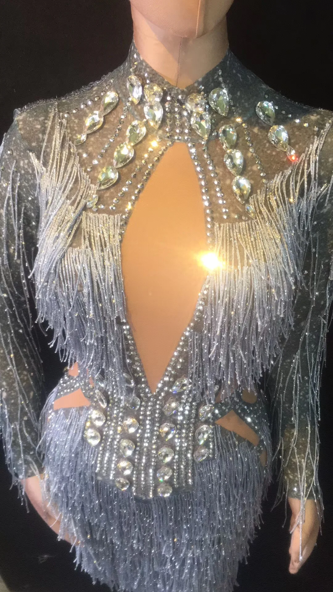 Новинка, женское модное Сетчатое платье с кристаллами, сексуальные Стразы, прозрачная одежда для сценического танца, вечернее платье с бахромой, костюм