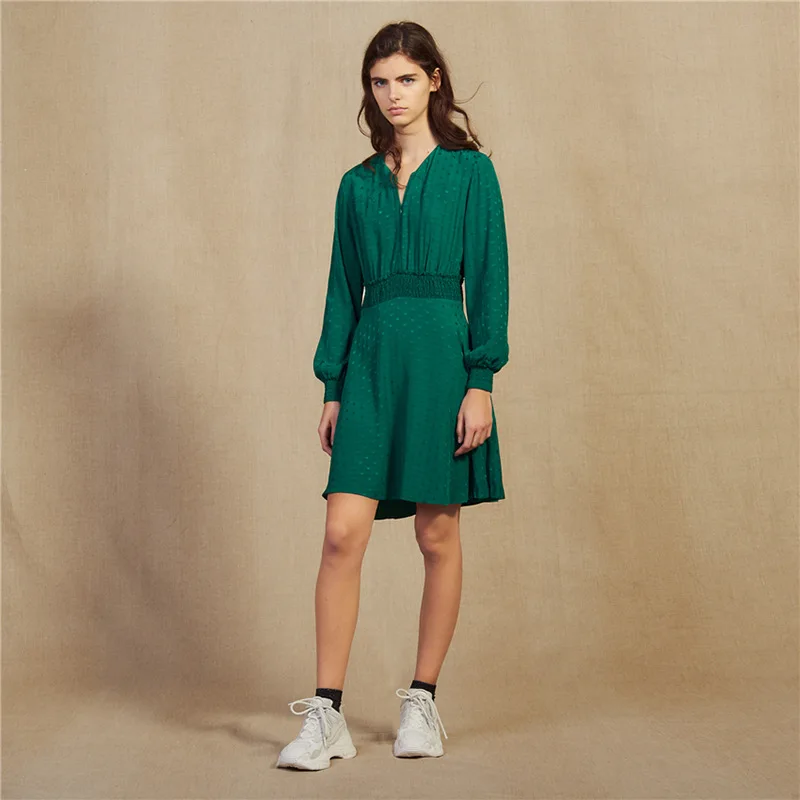 Women Dress 2019 Spring Summer Sweet Zip V-neck Polka Dot Long Sleeve Dress