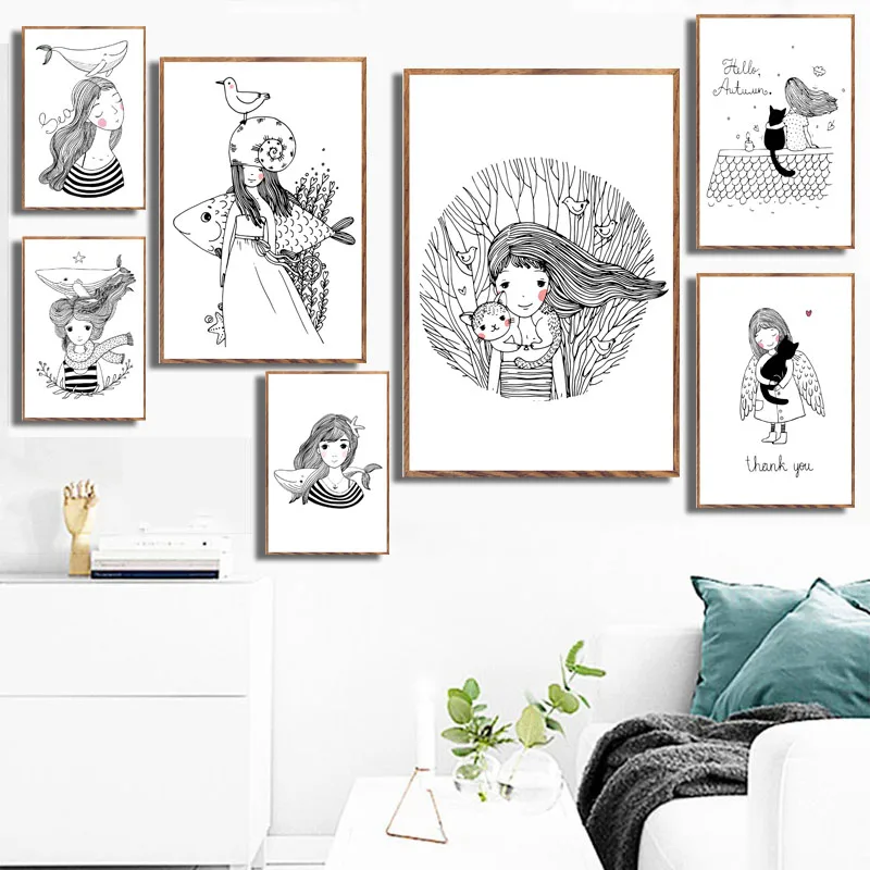 

Canvas Printed Home Decor Wall Art Cat Fish Girl Nordic Style Poster Painting Wall Art Simple Pictures For Living Room Modular