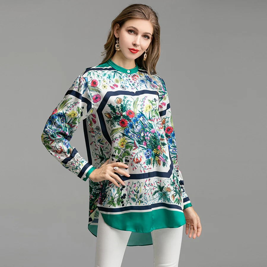 

VERDEJULIAY Wide Tops Women's Long Sleeve Blouse High Quality Tops Female Summer Flower Print Long Irregular Casual Shirt