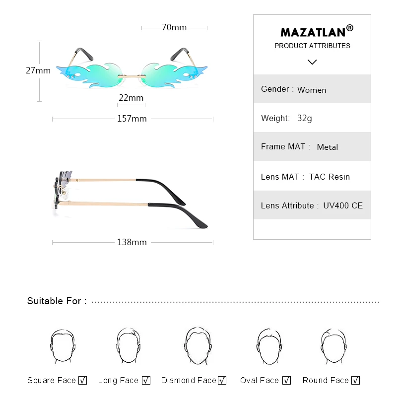 Мазатлан горячая Распродажа модные солнечные очки с огненным пламенем женские солнцезащитные очки без оправы в стиле Панк Роскошные трендовые солнцезащитные очки уличная одежда