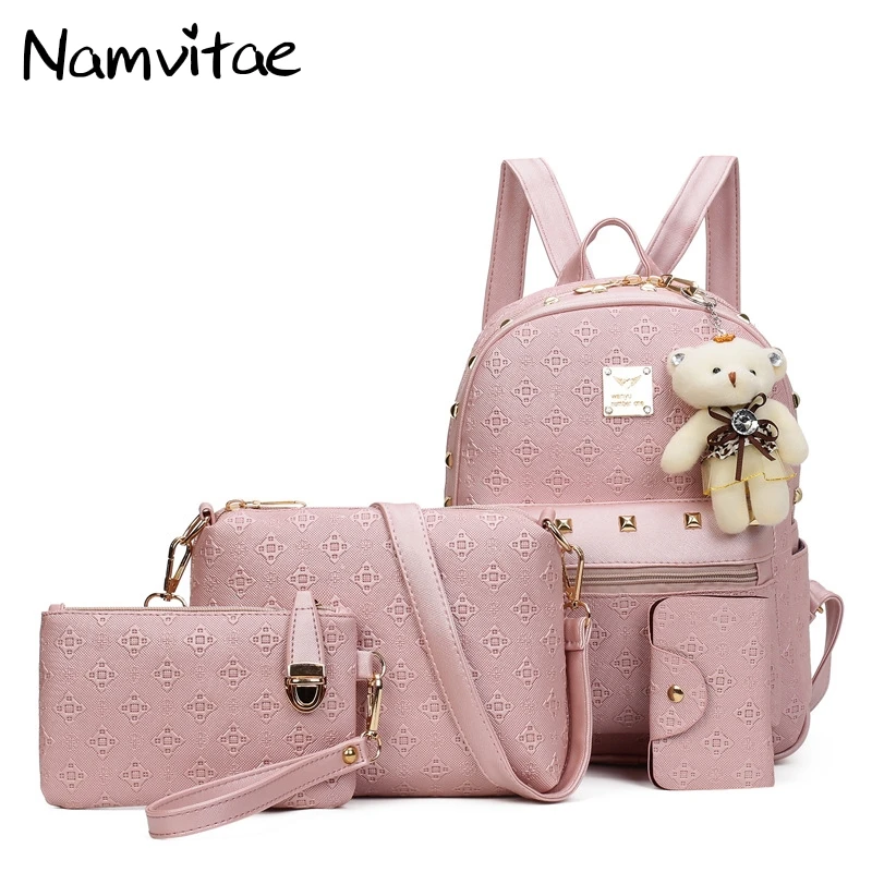 Fashion Women Backpack Pu Leather Composite Bag 4 Bags set Cute Students School Backpacks for Teenage