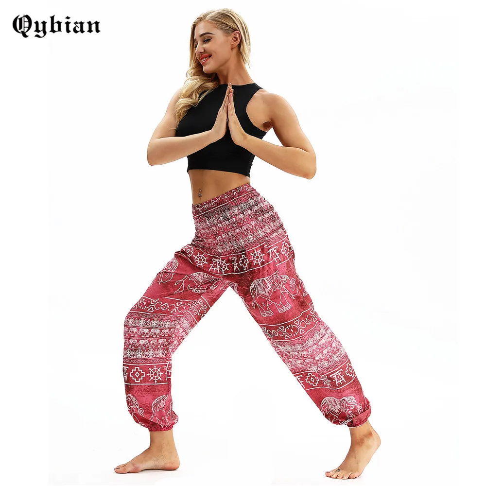 Qybian Для женщин шаровары Высокая Талия Брюки Бохо Pantalon свободные богемные талия