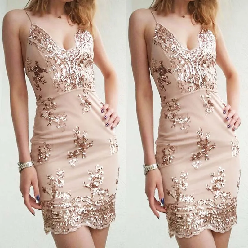 

2019 hot EuropeAnd The United States Sequins Sexy Short V-neck Nightclub Halter Strap Female Dress