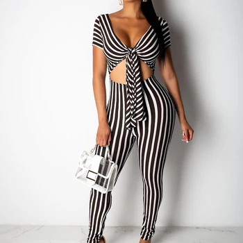 

5 Colorful Fashion Striped Strapless Bandage Sexy Women Club Jumpsuits Short Sleeve Crop Plus Size Holiday Casual Party Rompers