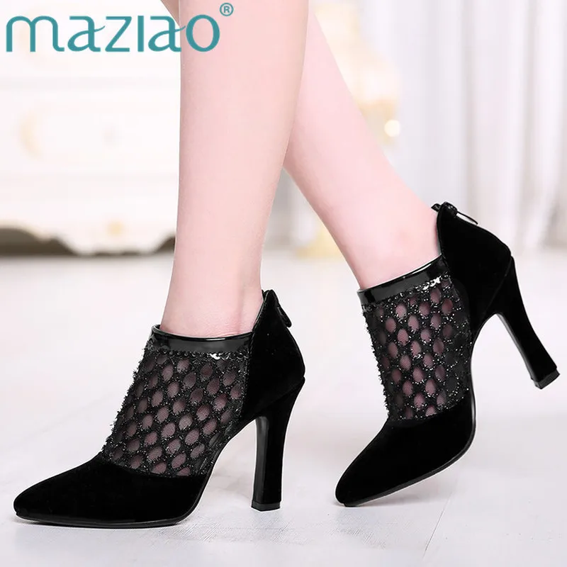 MAZIAOBrand 2018 весна-лето ботильоны модные сексуальные кружевные с острым носком