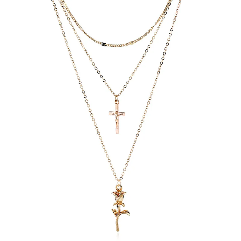 Богемное многослойное ожерелье с розовым крестом для женщин винтажное золотое ожерелье с вечерние кой-чокером