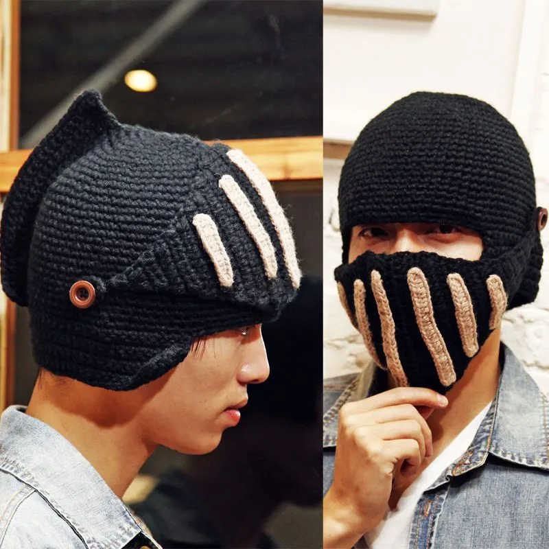 Fashion-Keep-Warm-Men-Unisex-Roman-Knight-Helmet-Caps-Cool-Handmade-Knit-Ski-Hat-Winter-Hats