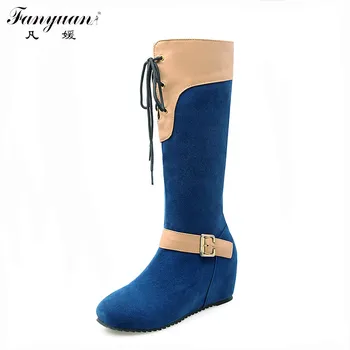 

2017 National Style Front Lace-Up Shoes for Women Mixed Colors Knee-High Height Increasing with Buckle Decoration Female Boots