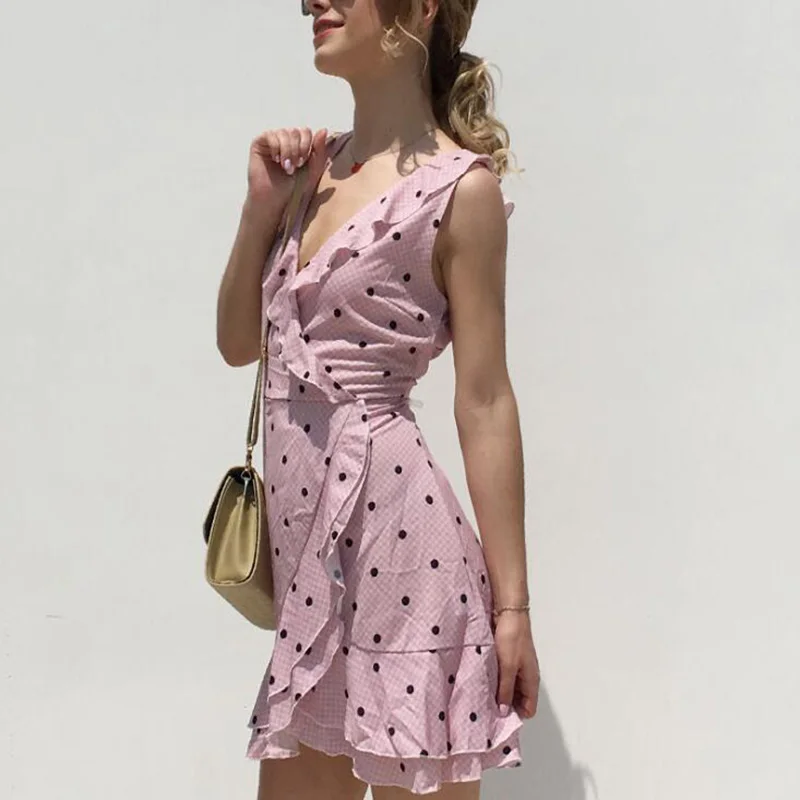 

Short Women Dress Ruffles Print Polka Dot Sexy Bodycon Beach Female Summer Party Plaid Dresses Vestidos
