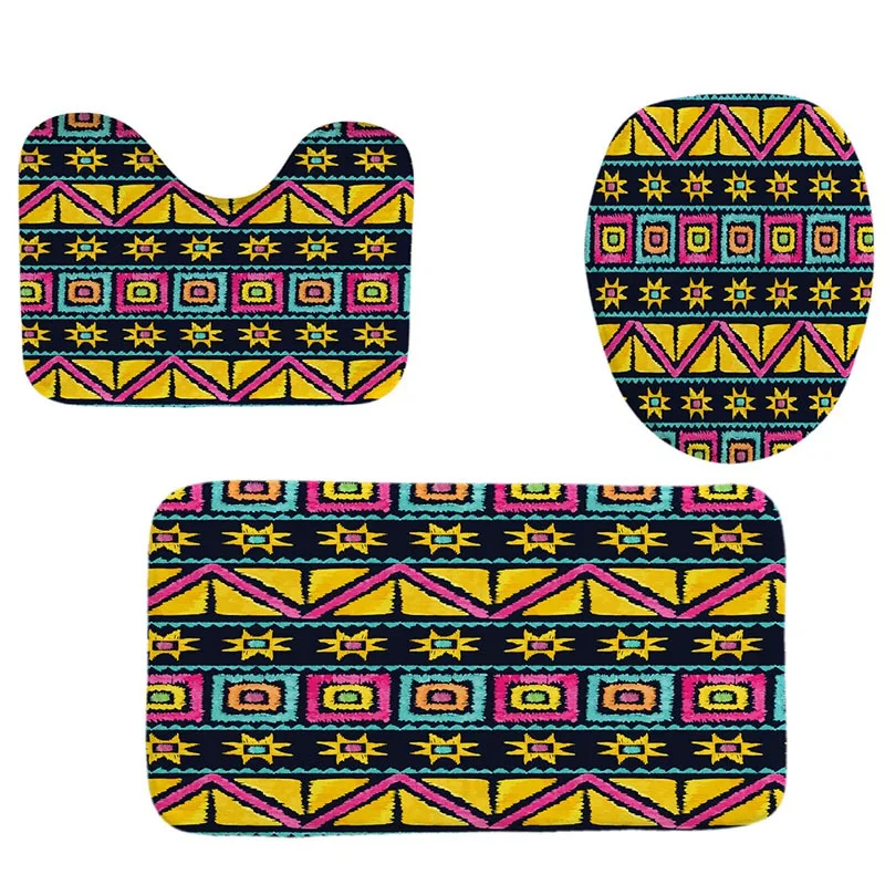 

New 4Pcs Home Bathroom Decor Set Yellow Boho Style Pattern Toilet Seat Cover Bath Mat Set+ Waterproof Shower Curtain
