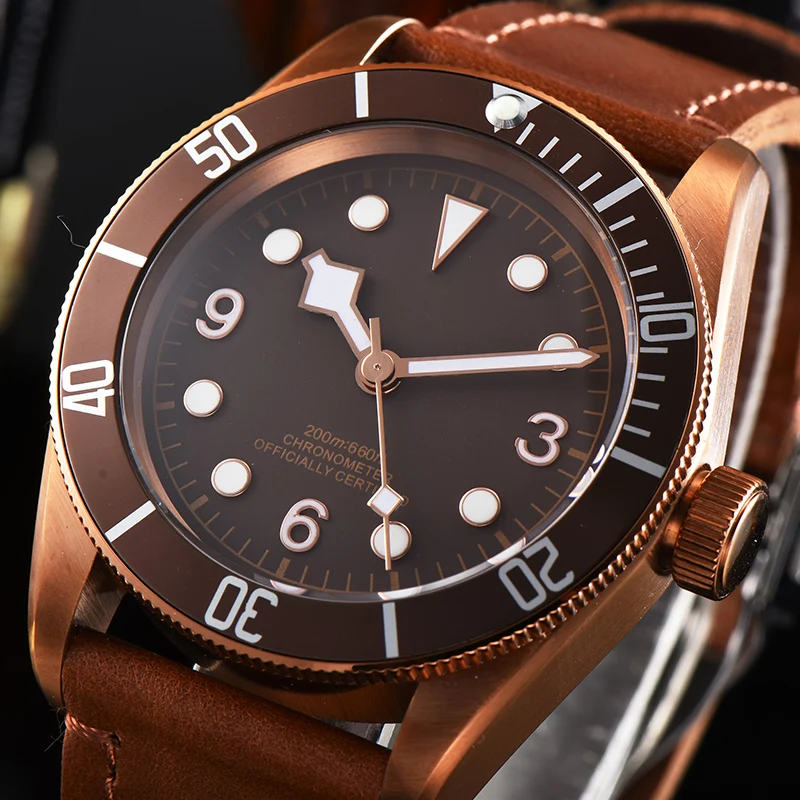 

41mm Corgeut Automatic Mechanical Watches Brown Dial Bronze Case Luminous Marks Sapphire Glass Automatic waterproof Men's Watch