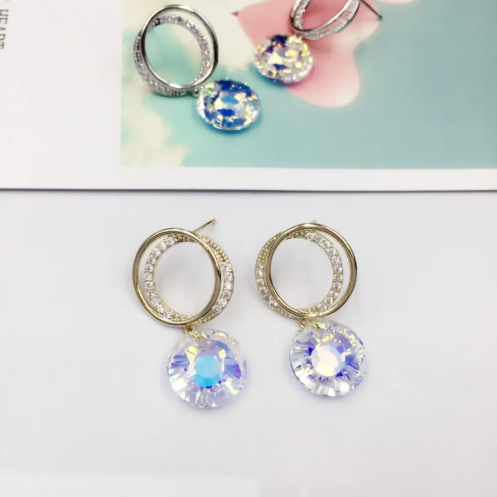 

925 Silver Needle Fashion Cute Crystal Earrings for Women Girls Vintage Zircon Round Earrings Wedding Statement Jewelry