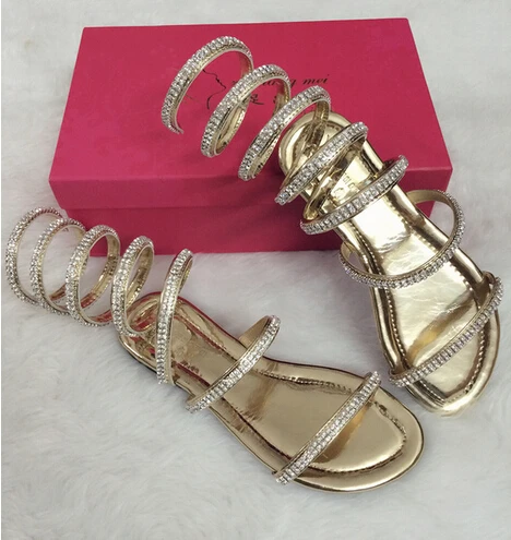 baratas Mais size34 46 Verão das sandálias das mulheres de Cristal Sexy Mulheres Sandália Gladiador mulheres Botas De Cobra Mulheres Planas Sapatos sapatos Romanos