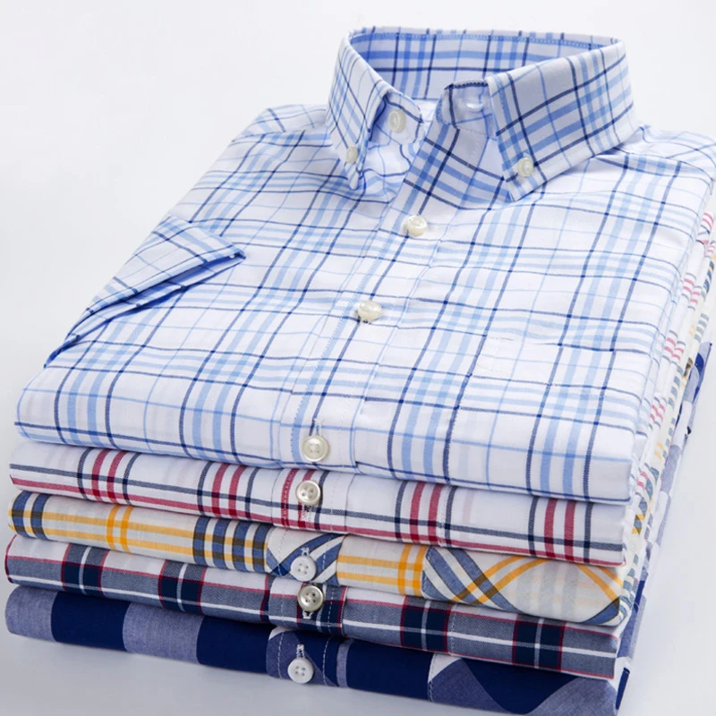 

2019 Summer Pure Cotton Thin Breathable Colorful Retro Argyle Plaid Twill Formal Casual Short Sleeves Dress Shirt Man Brand