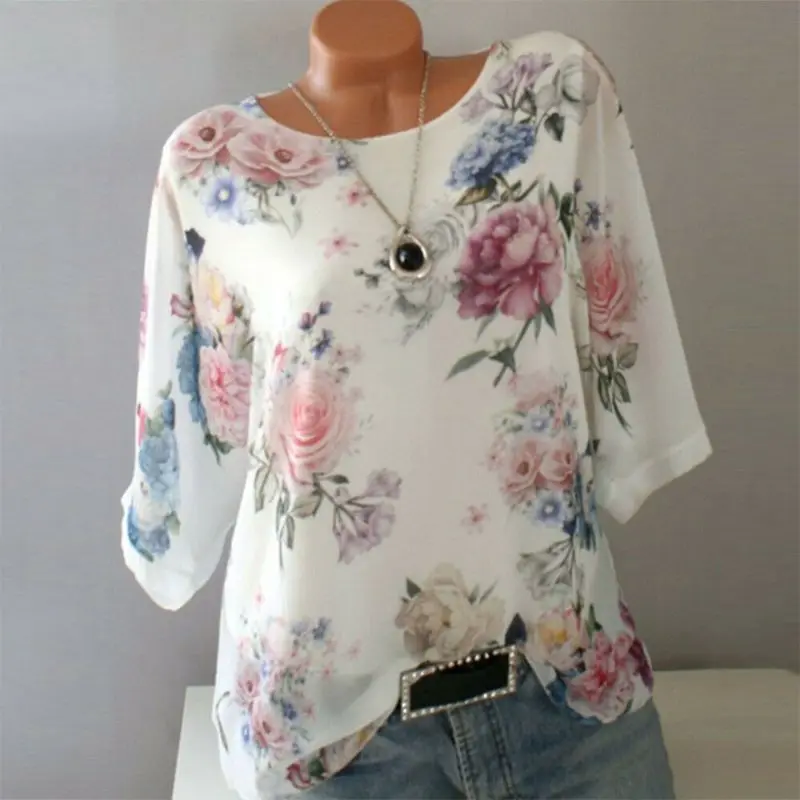 

Women Plus Size Floral 3/4 Sleeve Loose Blouse Ladies Round Neck Tops