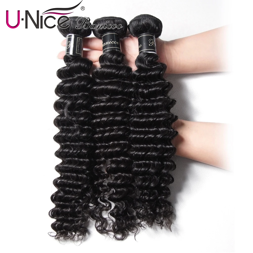 

UNice Hair Banicoo Series 10A Deep Wave Brazilian Hair Weaves 12-26" Raw Virgin Hair Bundles Natural Color Human Hair 1/3/4 PCS